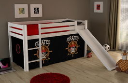 Pat etajat din lemn de pin, cu tobogan pentru copii Pino Pirates Alb, 200 x 90 cm