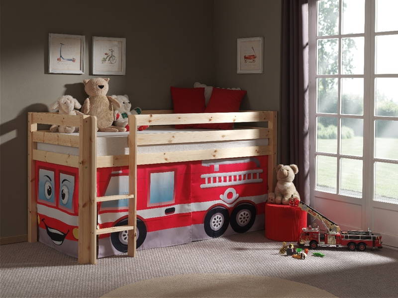 Pat etajat din lemn de pin, cu spatiu de joaca pentru copii Pino Fire Rescue Natural, 200 x 90 cm