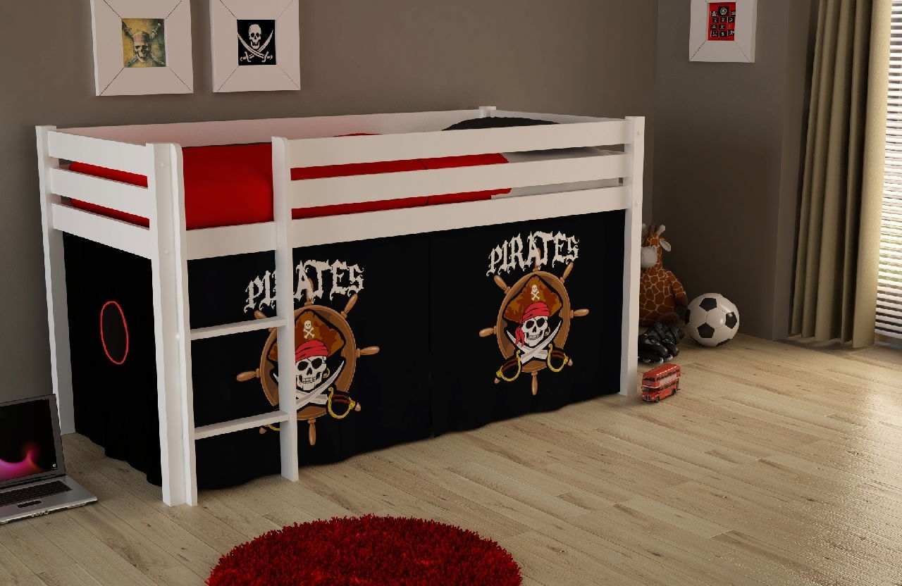 Pat etajat din lemn de pin, cu spatiu de joaca pentru copii Pino Pirates Alb, 200 x 90 cm