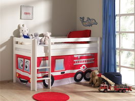 Pat etajat din lemn de pin, cu spatiu de joaca pentru copii Pino Fire Rescue Alb, 200 x 90 cm