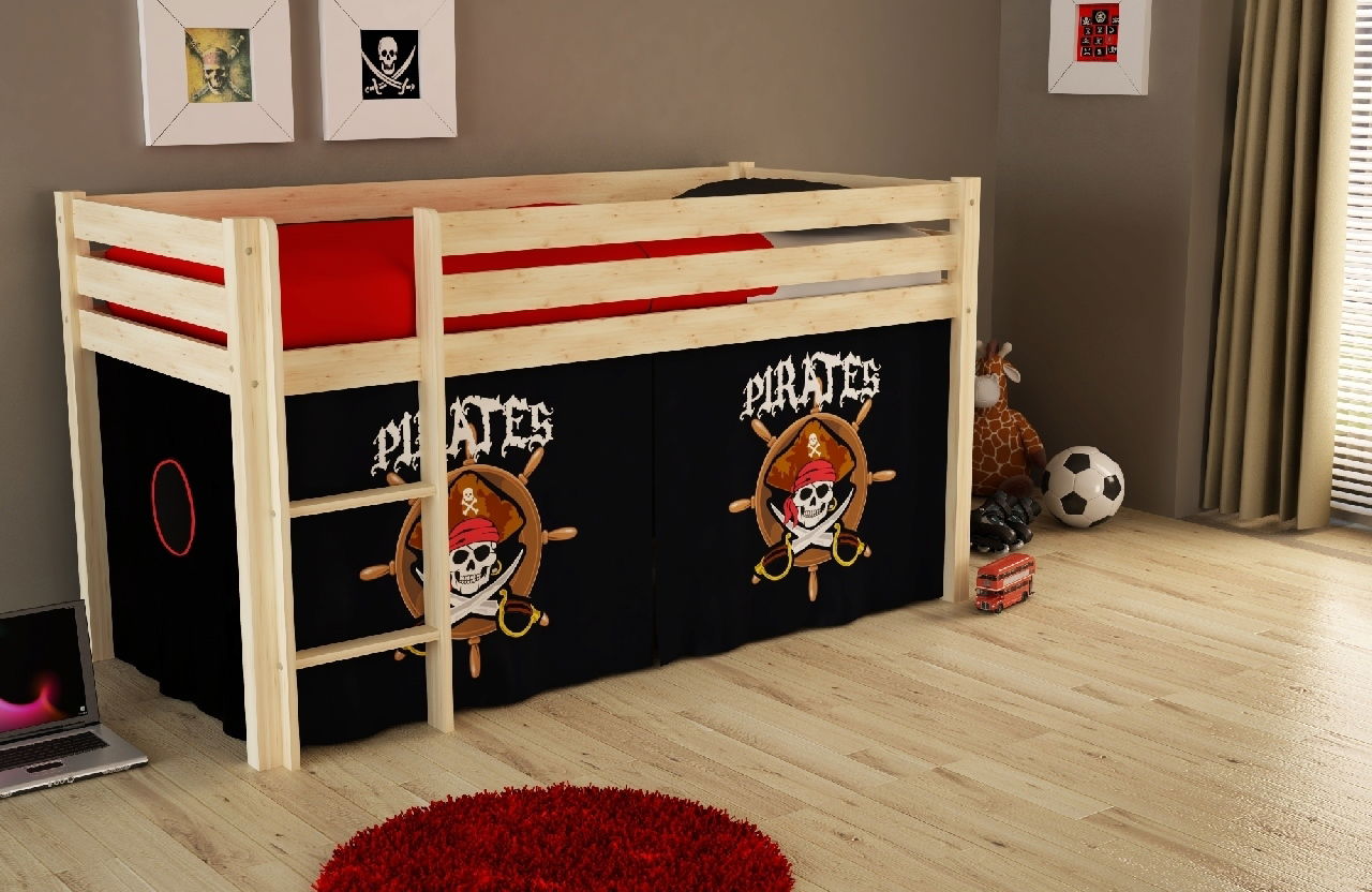Pat etajat din lemn de pin, cu spatiu de joaca pentru copii Pino Pirates Natural, 200 x 90 cm