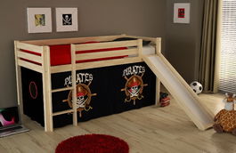 Pat etajat din lemn de pin, cu tobogan pentru copii Pino Pirates Natural, 200 x 90 cm