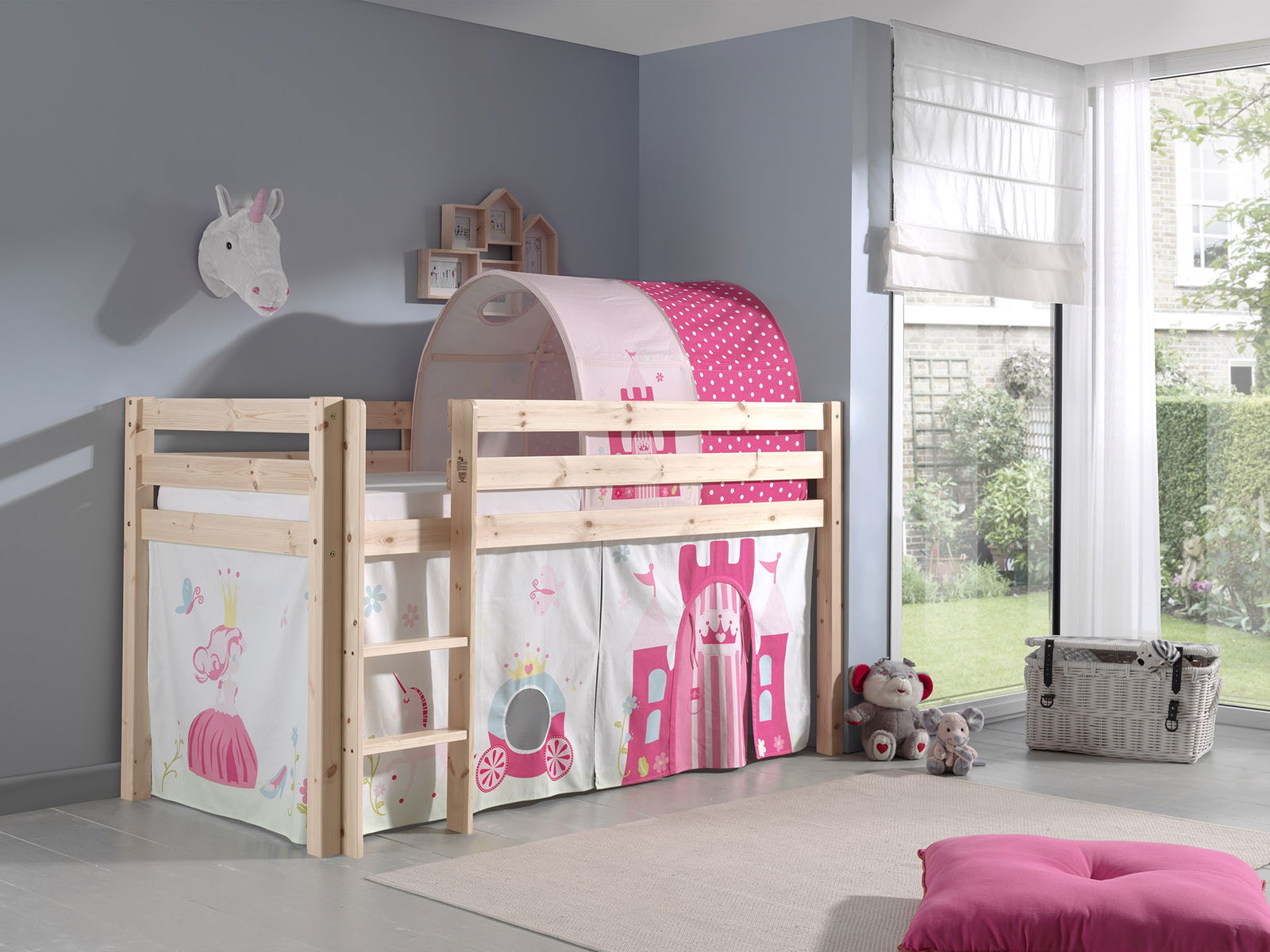 Pat etajat din lemn de pin, cu tunel si spatiu de joaca pentru copii Pino Princess Natural, 200 x 90 cm