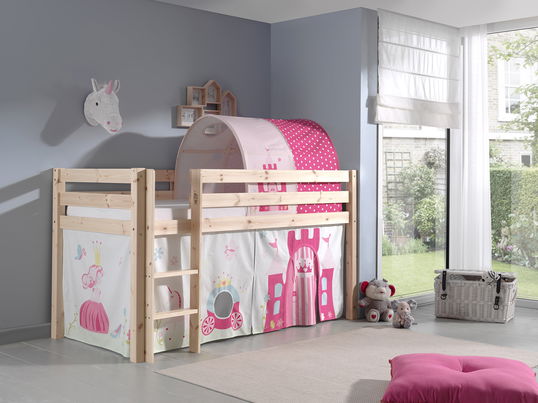 Pat etajat din lemn de pin, cu tunel si spatiu de joaca pentru copii Pino Princess Natural, 200 x 90 cm