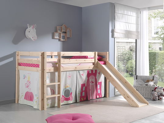 Pat etajat din lemn de pin, cu tobogan pentru copii Pino Princess Natural, 200 x 90 cm