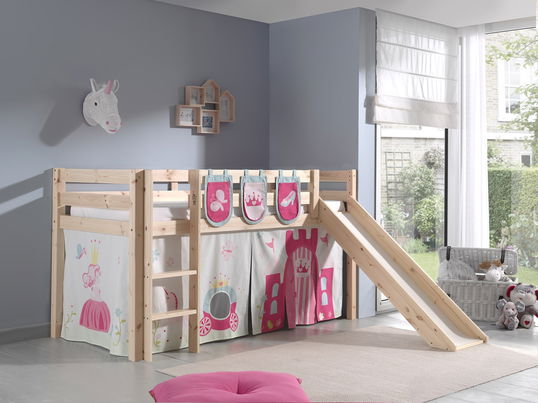 Pat etajat din lemn de pin, cu tobogan pentru copii Pino Plus Princess Natural, 200 x 90 cm