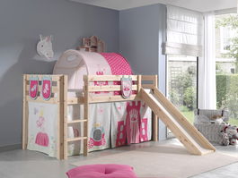 Pat etajat din lemn de pin, cu tunel si tobogan pentru copii Pino Plus Princess Natural, 200 x 90 cm