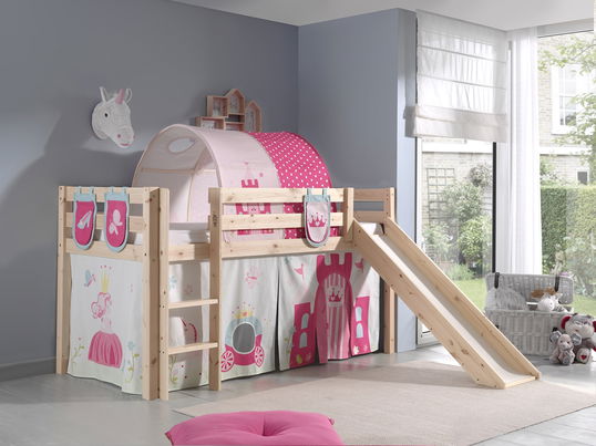 Pat etajat din lemn de pin, cu tunel si tobogan pentru copii Pino Plus Princess Natural, 200 x 90 cm