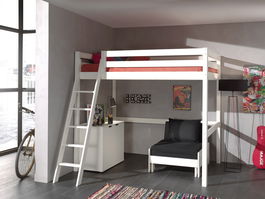 Pat etajat din lemn de pin, cu fotoliu extensibil si cabinet, pentru tineret Pino Mezzanine II Alb, 200 x 140 cm
