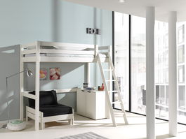 Pat etajat din lemn de pin, cu fotoliu extensibil si cabinet, pentru copii Pino Mezzanine II Alb, 200 x 90 cm