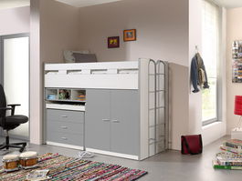 Pat etajat din pal si metal cu birou incorporat, 3 sertare si dulap, pentru copii Bonny High Alb / Gri, 200 x 90 cm