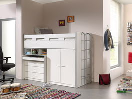 Pat etajat din pal si metal cu birou incorporat, 3 sertare si dulap, pentru copii Bonny High Alb, 200 x 90 cm