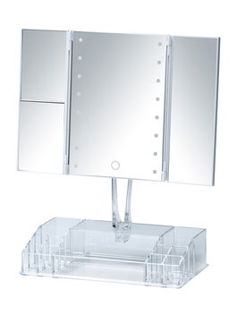 Oglinda cosmetica de masa, cu LED si organizator din plastic, Fanano Transparent, L34,5xl16,5xH39 cm