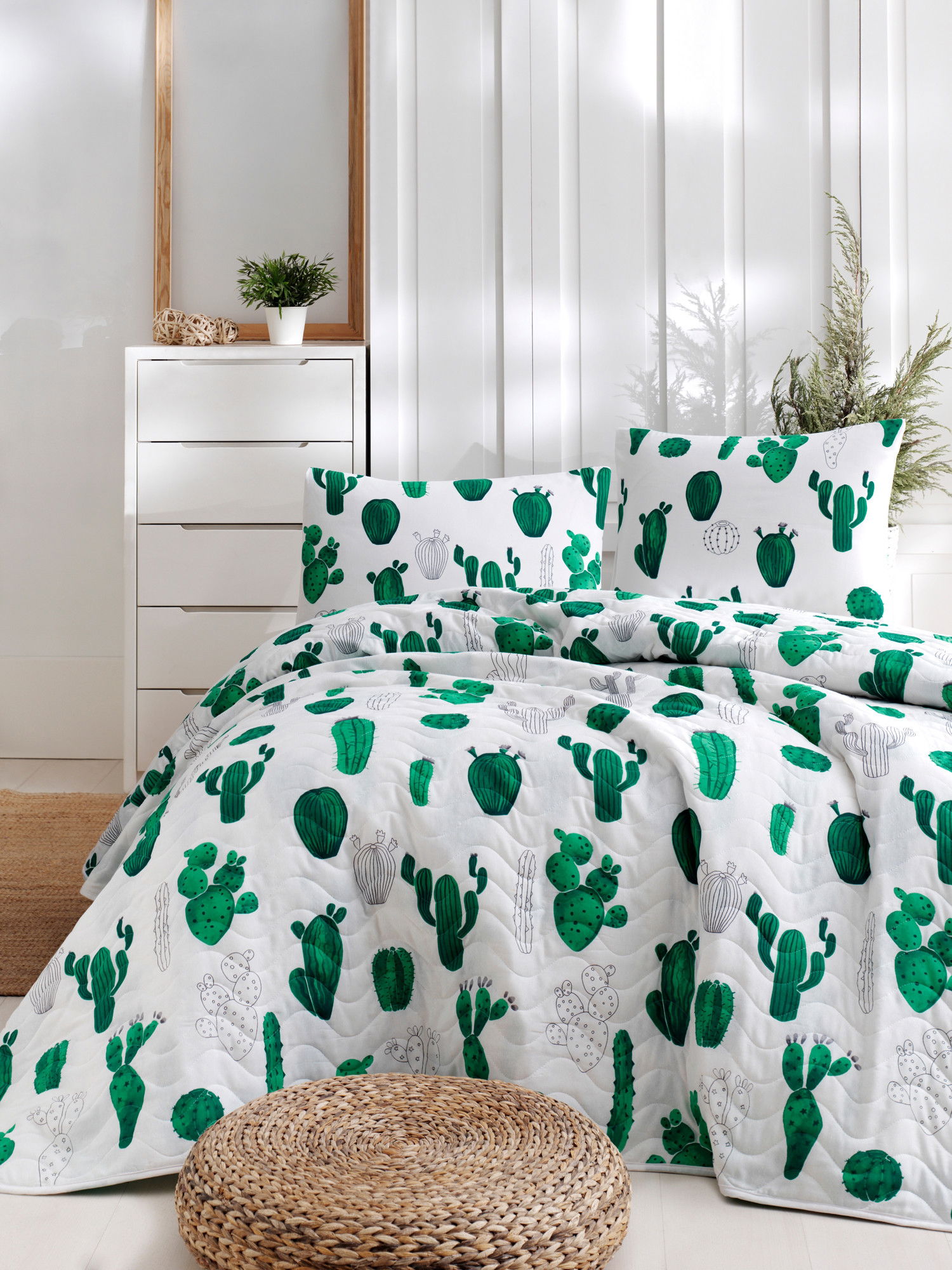 Set cuvertura si 2 fete de perna Cactus Alb / Verde, 200 x 220 cm