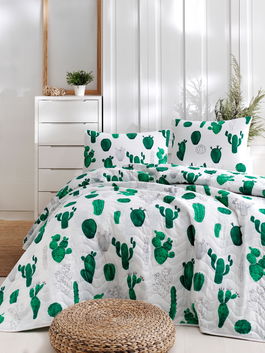 Set cuvertura si 2 fete de perna Cactus Alb / Verde, 200 x 220 cm
