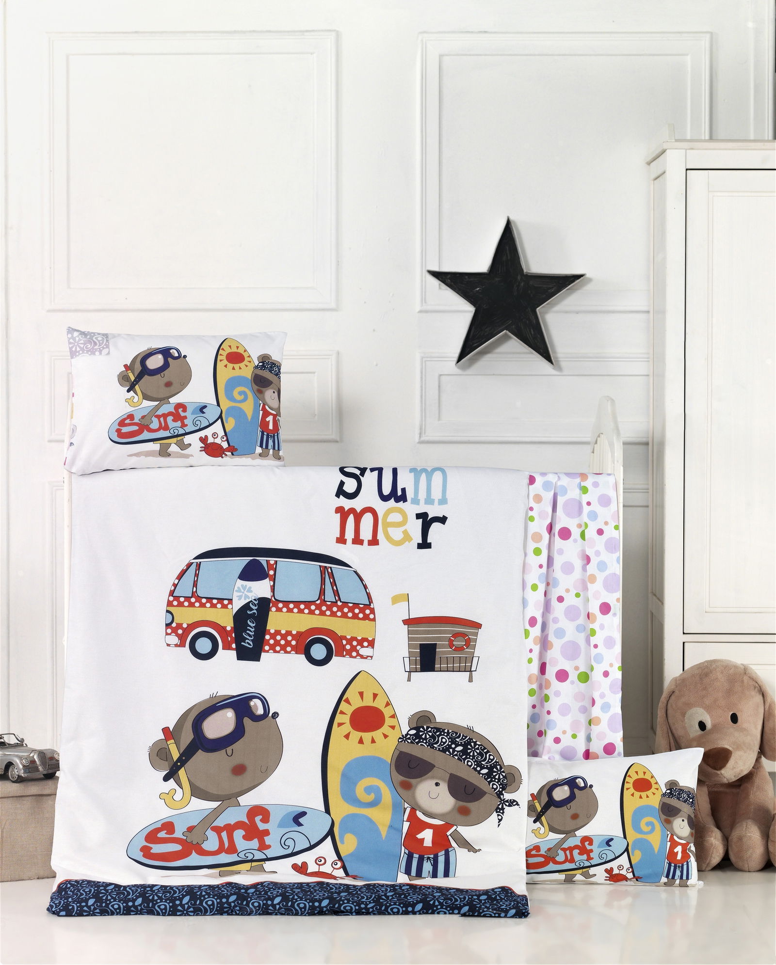 Set lenjerie pentru copii, din bumbac Ranforce, 4 piese, Surf Multicolor, 100 x 150 cm