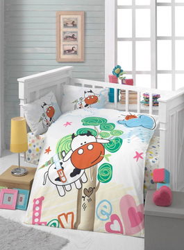 Set lenjerie pentru copii, din bumbac Ranforce, 4 piese, Cow Multicolor, 100 x 150 cm