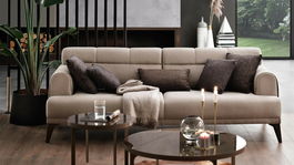 Canapea tapitata cu stofa, 3 locuri, cu functie sleep pentru 1 persoana Madrid Bej, l231xA102xH80 cm