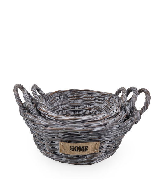 Set 3 cosuri pentru depozitare din ratan Acra Gri, Ø45xH17 cm / Ø38xH15 cm / Ø32xH13 cm
