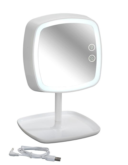 Oglinda cosmetica tactila cu lampa LED din plastic, cablu USB, Ostia Alb, L19xl18xH29 cm