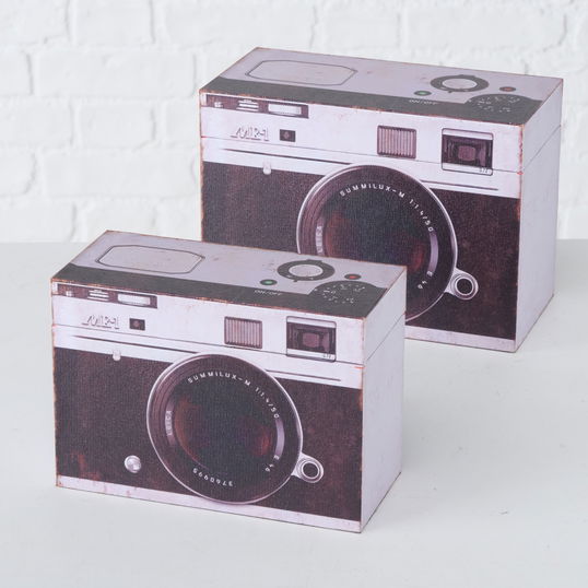 Set 2 cutii pentru depozitare, din MDF Fotoapparat Alb / Negru, L24xl12xH17 cm / L20xl9xH14 cm