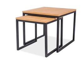 Set 2 mese cafea din MDF, furnir si metal, Lavonte Duo Stejar / Negru, L50xl50xH45 cm / L40xl40xH40 cm