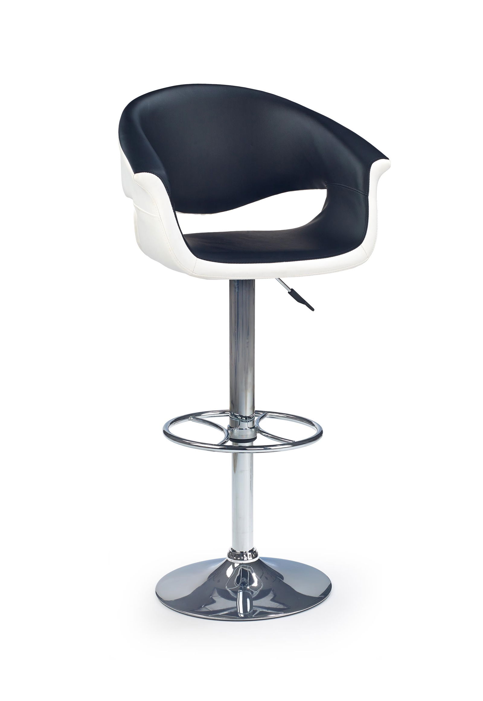 Scaun de bar tapitat cu piele ecologica, cu picior metalic Hoku-46 Negru / Alb, l60xA52xH93-115 cm