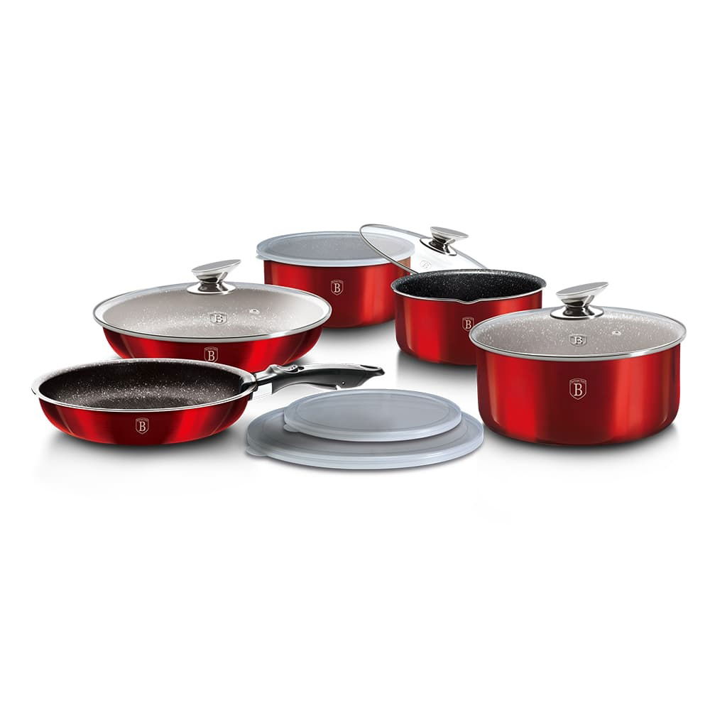 Set oale si tigai din aluminiu cu invelis antiaderent de marmura, 12 piese, Metallic Line Burgundy