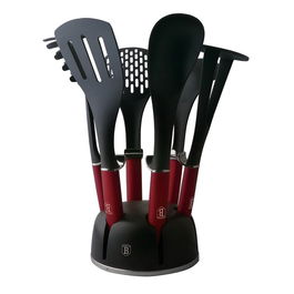 Set ustensile bucatarie cu suport rotativ, 7 piese, Metallic Line Burgundy