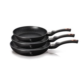 Set 3 tigai din aluminiu cu invelis antiaderent de marmura si cutie cadou, Black Rose