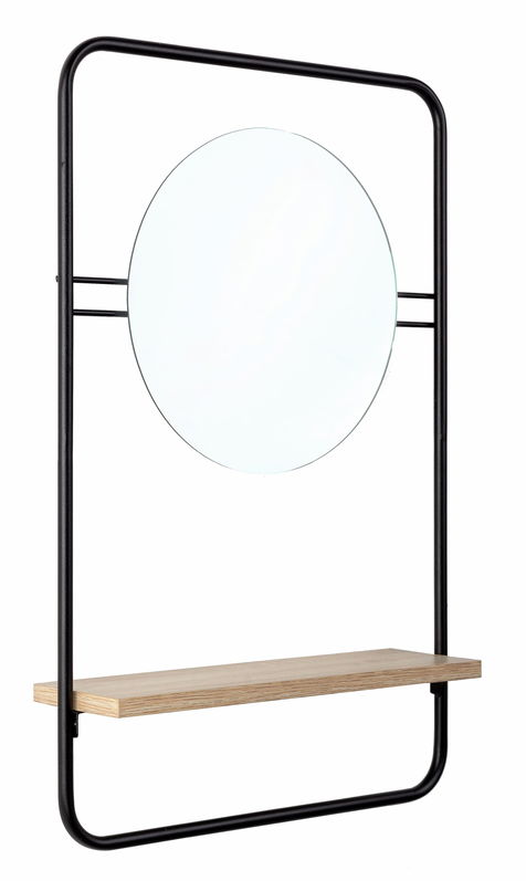 Oglinda decorativa cu etajera, din metal si pal Quiete Negru / Natural, l41xH64 cm