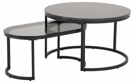 Set 2 mese de cafea din pal, sticla si metal Spiro Fumuriu / Negru, Ø70xH42 cm / L70xl40xH33,4 cm