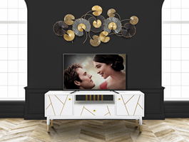 Comoda TV din MDF si metal, cu 1 sertar si 2 usi Luxy Alb / Auriu, l140xA50xH55 cm