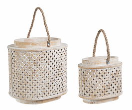 Set 2 felinare decorative din lemn de brad si bambus Intrex Oval Natural, L31xl24xH31 cm / L21xl14xH20 cm