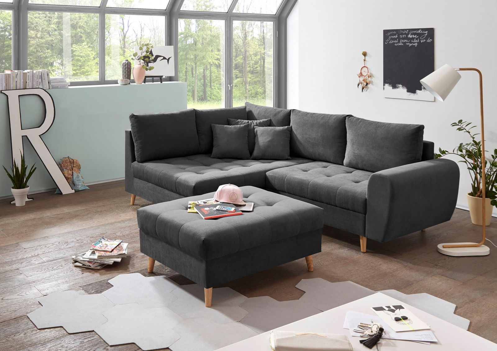 Coltar fix cu sezlong pe stanga si taburet inclus, tapitat cu stofa, Alison Antracit, l249xA175xH94 cm