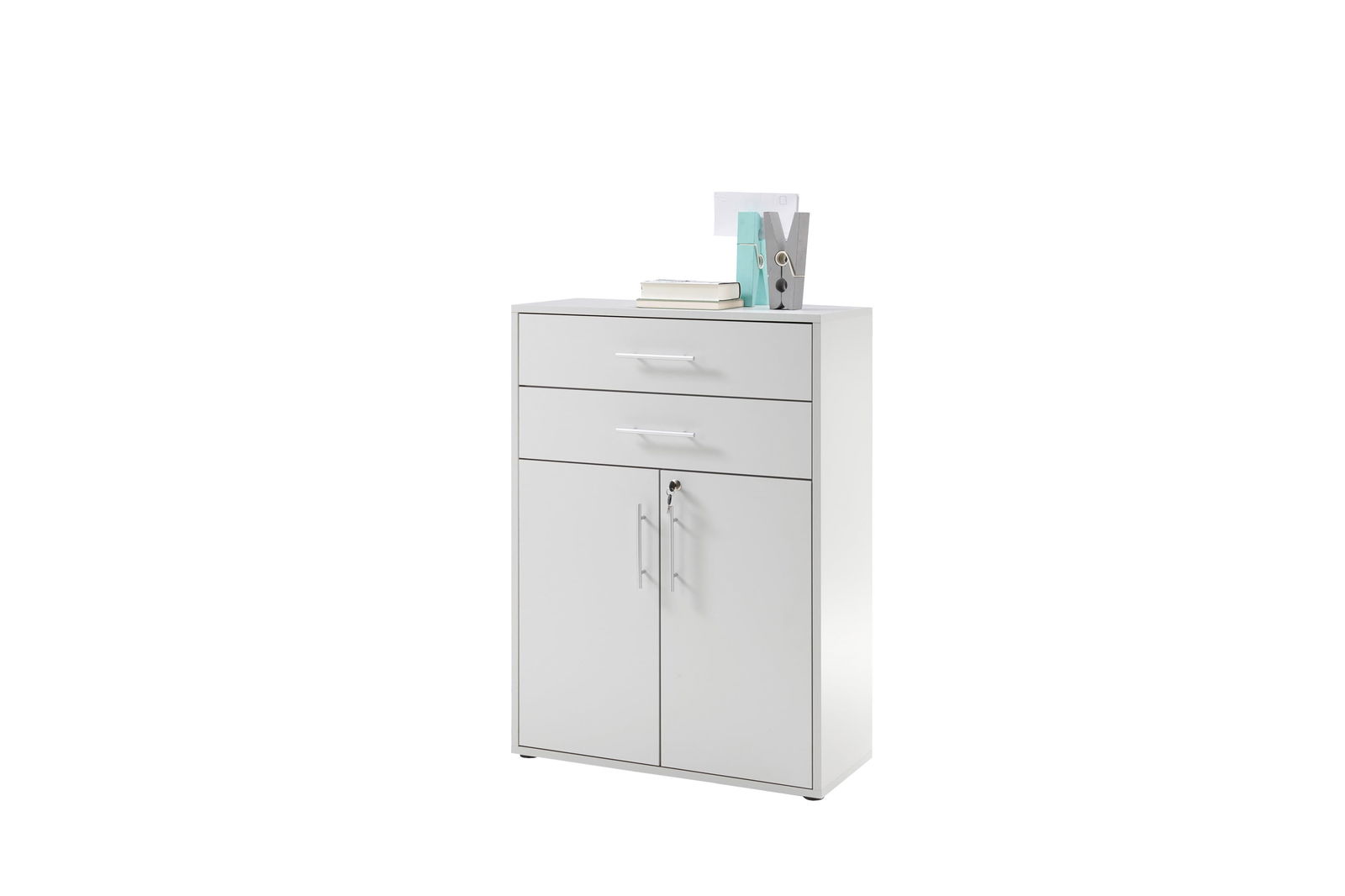 Cabinet din pal, cu 2 sertare si 2 usi Prato Gri deschis, l80xA35xH111 cm