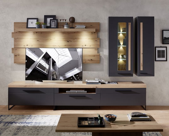 Set de mobila living din MDF, 5 piese Loftis Grafit / Stejar