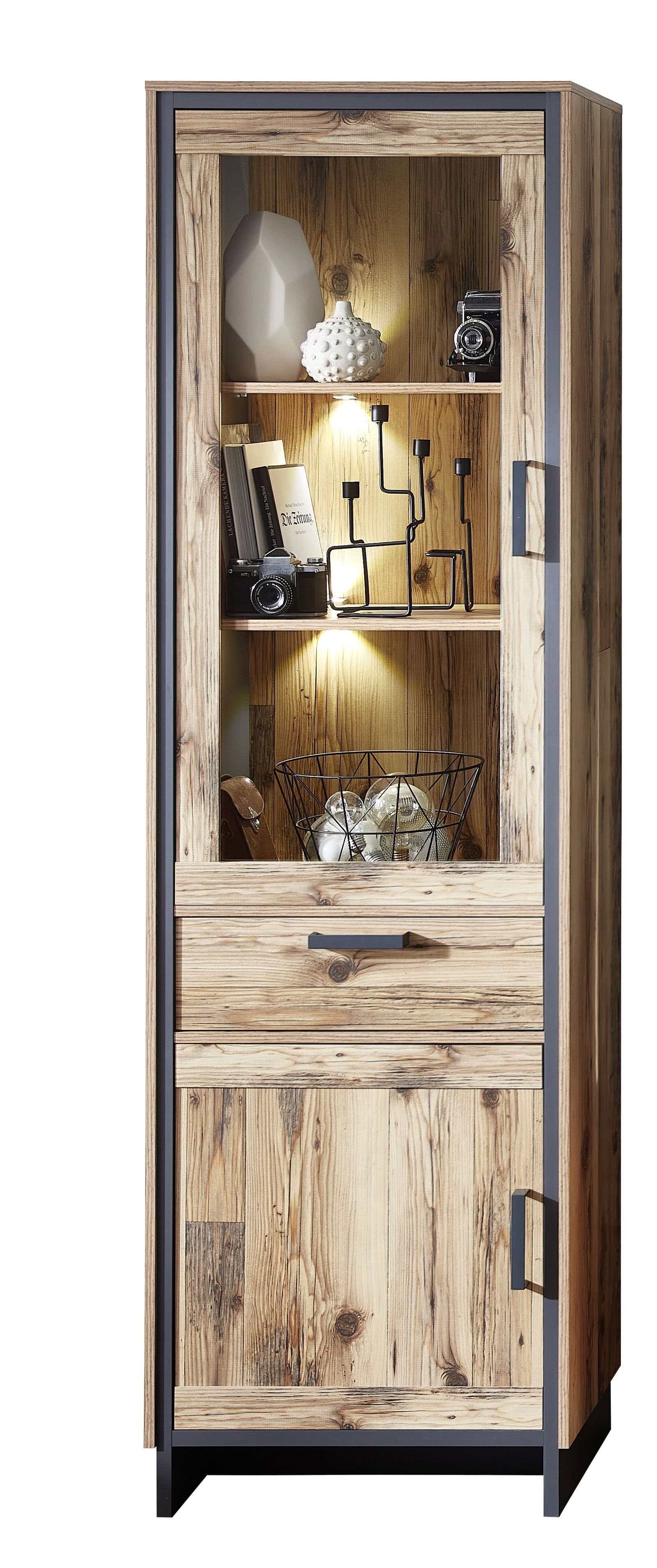 Vitrina din pal cu 1 sertar, 2 usi si LED inclus Pato Big Natural / Grafit, l60xA38xH203 cm