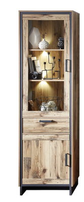 Vitrina din pal cu 1 sertar, 2 usi si LED inclus Pato Big Natural / Grafit, l60xA38xH203 cm