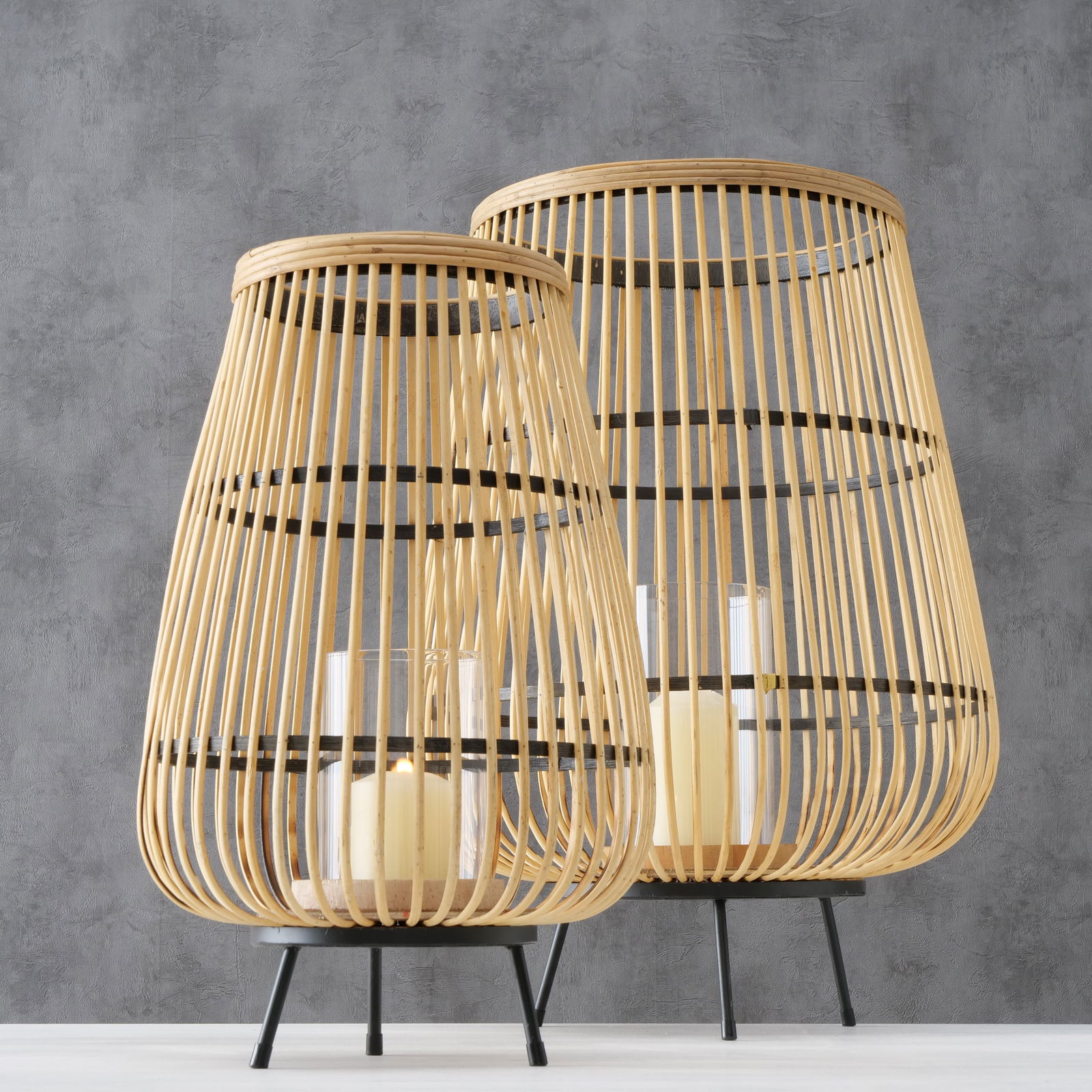 Set 2 felinare decorative, din bambus, sticla si metal Inu Natural / Negru, Ø42xH61 cm / Ø28xH46 cm