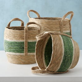 Set 3 cosuri pentru depozitare, din frunze de porumb Kavio Natural / Verde, Ø33xH30 cm / Ø28xH26 cm / Ø23xH23 cm