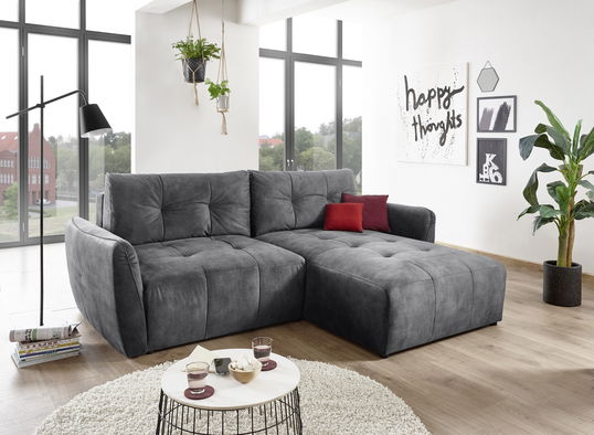 Coltar extensibil cu lada de depozitare, universal (pe stanga sau pe dreapta) tapitat cu stofa Daiana Antracit, l244xA182xH90 cm
