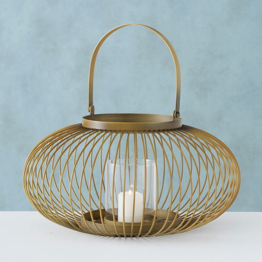 Felinar decorativ din metal si sticla Gisella Auriu, Ø30xH18 cm
