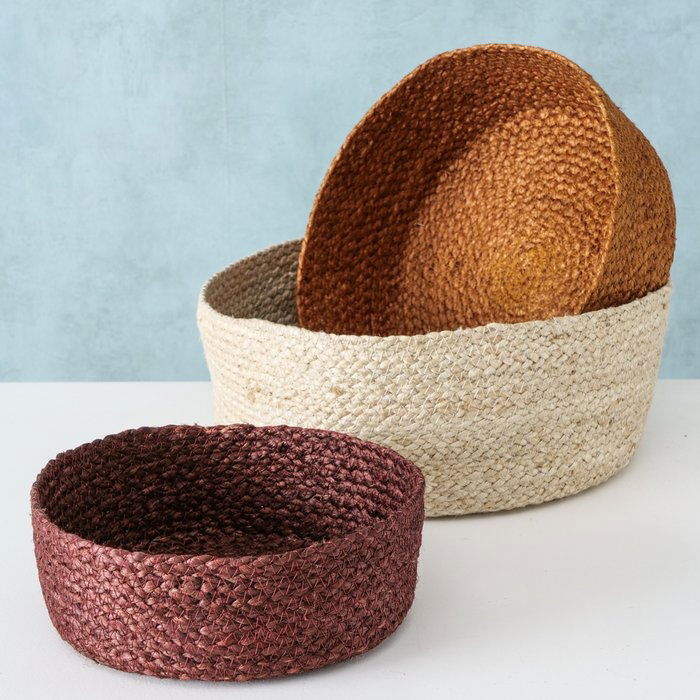 Set 3 cosuri pentru depozitare, din iuta Bogra Natural / Maro, Ø30xH12 cm / Ø26xH10 cm / Ø22xH8 cm