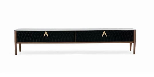 Comoda TV din MDF, pal si sticla, cu 2 sertare Logan Negru / Nuc, l239,4xA47,2xH52,7 cm