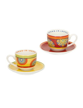 Set ceasca cu farfurioara din portelan, Mediterranea Rosu / Galben, 100 ml, 4 piese