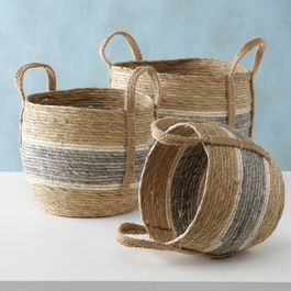 Set 3 cosuri pentru depozitare, din frunze de porumb Kavio Natural / Gri, Ø33xH30 cm / Ø28xH26 cm / Ø23xH23 cm