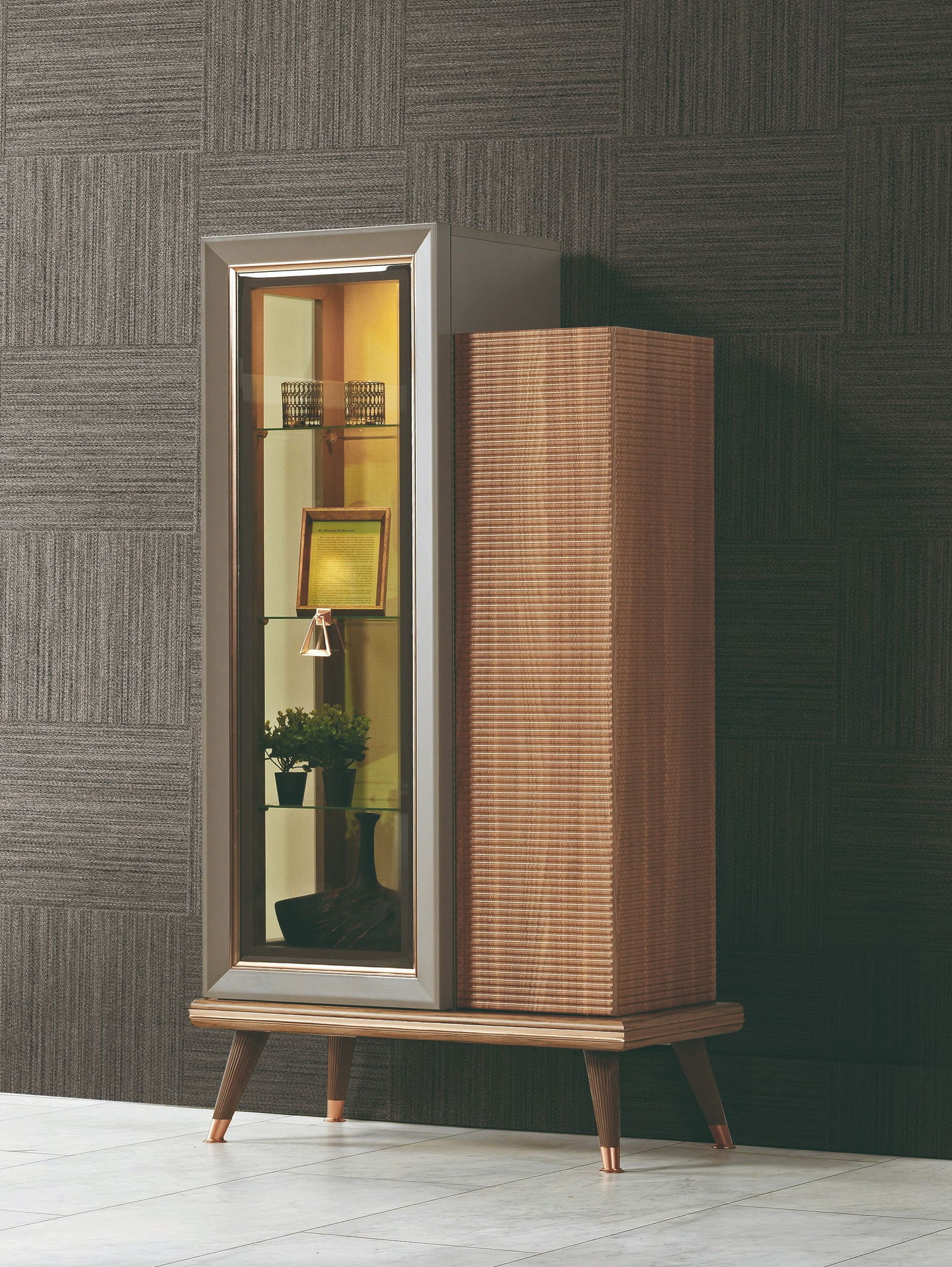 Vitrina din pal cu 2 usi Toscana Dore Gri / Natural, l85xA43xH157 cm