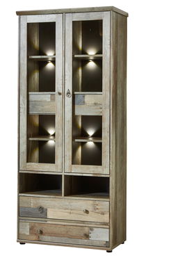 Vitrina din pal cu 4 sertare, 2 usi si LED inclus Bazna Natur / Gri inchis, l83xA39xH188 cm