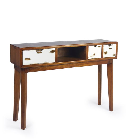Consola din lemn cu 3 sertare, Nordic Nuc / Alb, l110xA30xH80 cm